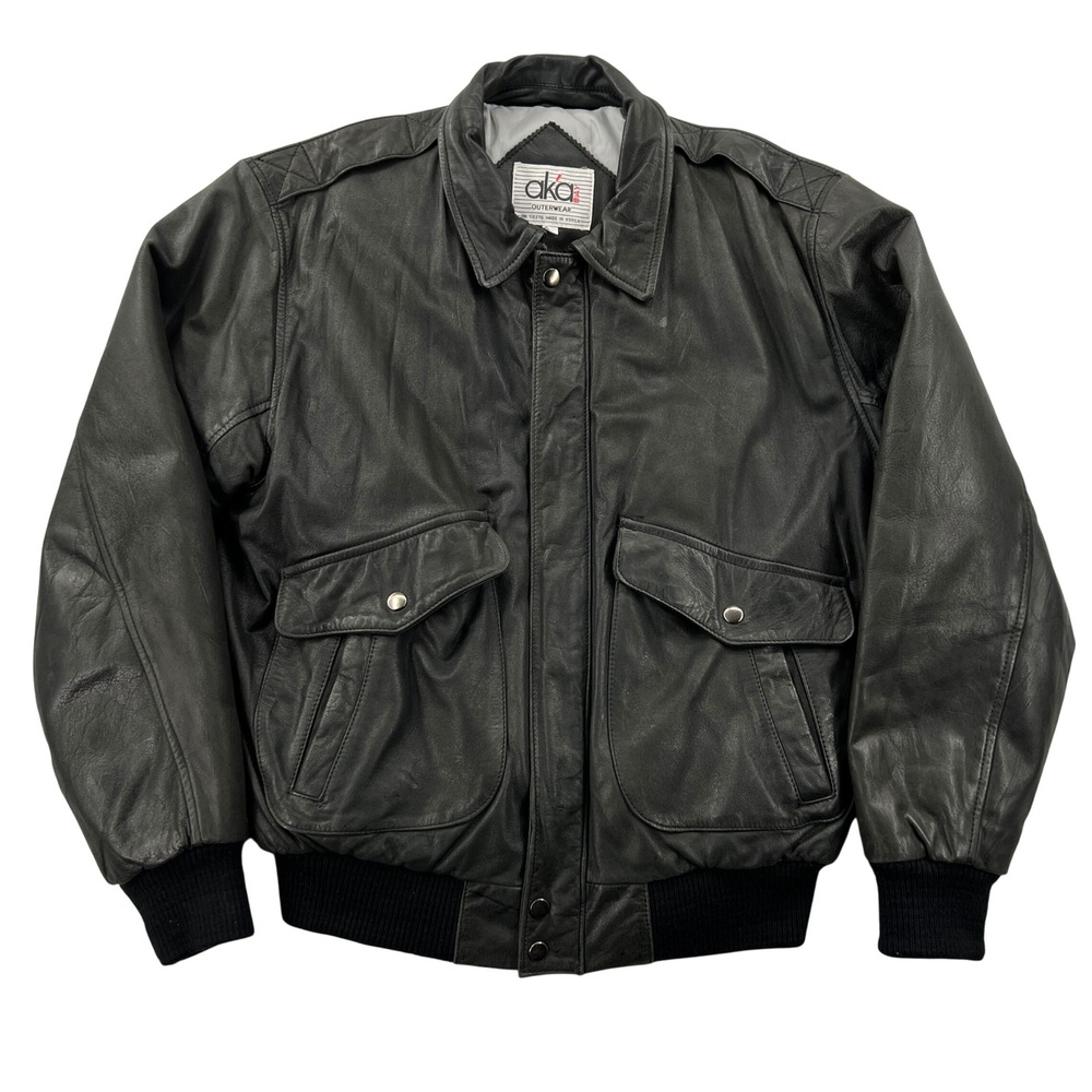 Vtg 90s AKA Bay Leather Bomber Jacket Mens L Black Retro Aviator Flight Korea